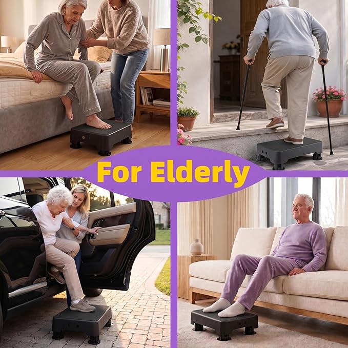 Adjustable Step Stool, 700 LBS Capacity Safety Bed Step for Seniors, Exercise Setp Platform, Portable Stair Assist for Elderly, Wide Step up for Kitchen, Car, Bedside & Shower, Black