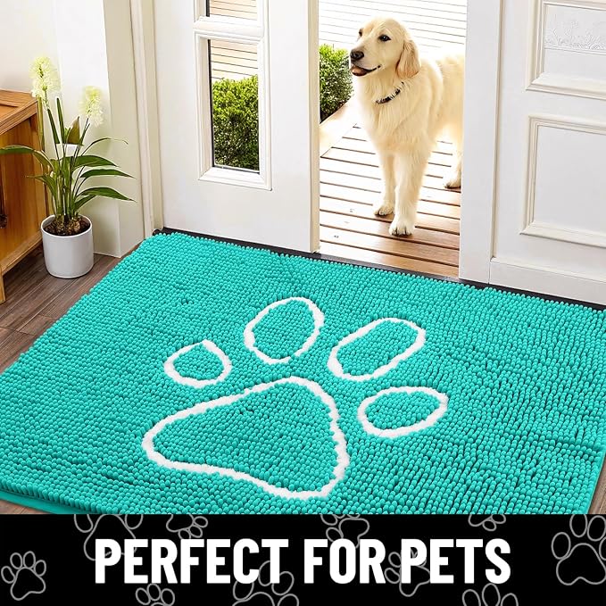 Smiry Dog Door Mat for Muddy Paws, Absorbent Dirt Trapper Non Slip Quick Dry Washable Chenille Mat for Mud Dogs, Entry Rug for Indoor and Outdoor (24x16 Inches, Turquoise and White)