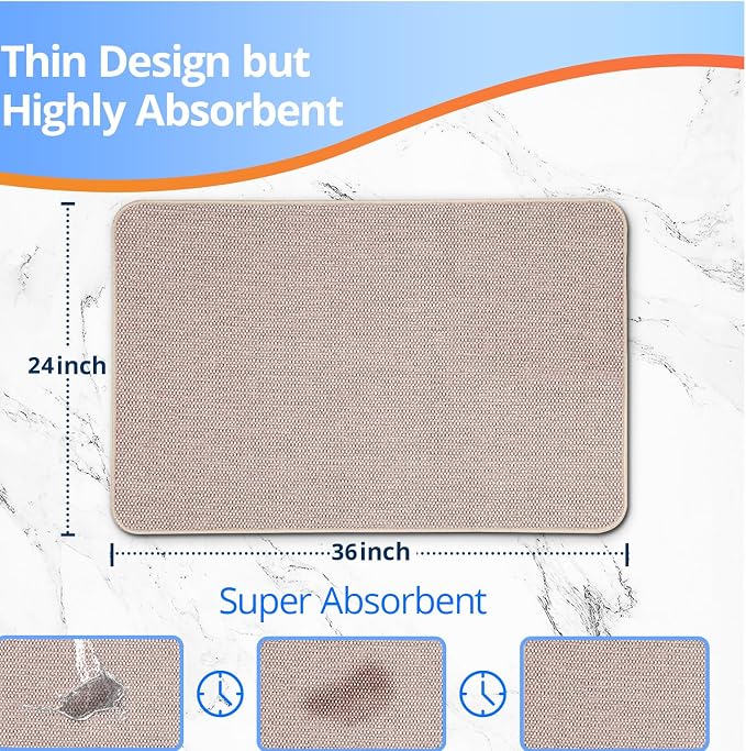 Upgraded Bath Mat 24x36Inch, Thin Bath Mats Rugs with Rubber Backing Non-Slip, Absorbent,Quick Dry Machine Washable, Home Decor Accessories Cozy Cloth Bathroom Rugs fit Under Door/Sink/Tub-Biege