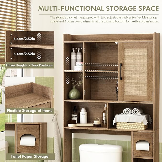 RUSTOWN Rattan Over The Toilet Storage Cabinet,Boho Over Toilet Bathroom Organizer with 2 Doors & Adjustable Shelves,Modern Above Toilet Rack with Toilet Paper Holder for Bathroom (Rustic Oak)