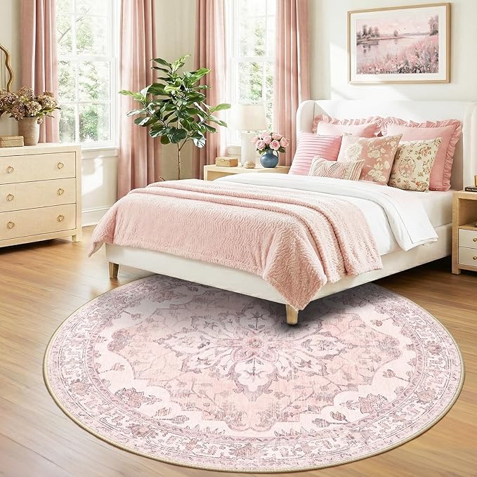 RELEANY Area Rugs Round 8ft Washable Non-Slip, Floral Vintage Distress Medallion Carpet for Living Room Bedroom Dining Room, Pink Greypink Cute