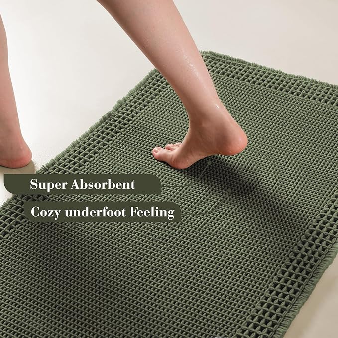 RESARE Waffle Bathroom Runner Rugs, Super Absorbent Bath Mat Non Slip Washable Quick Dry, Upgraded Ultra Soft Boho Bath Rugs with Tassels, Farmhouse Home Decor Accessories, 2'x5'(24"x60") Green
