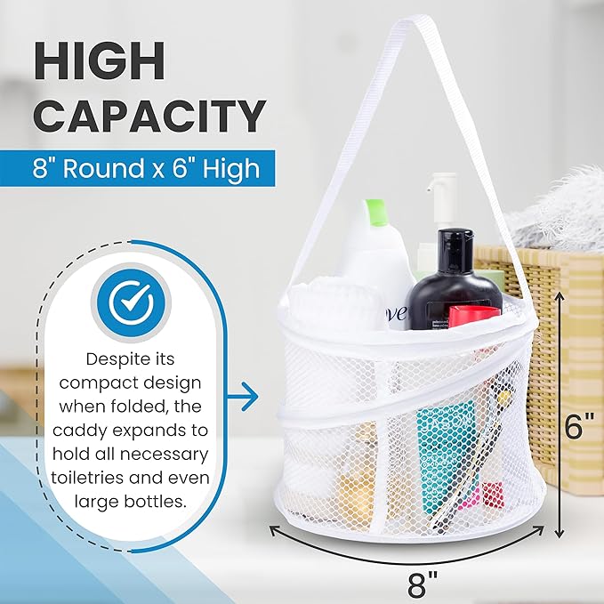 Handy Laundry Portable Shower Caddy Mesh Basket, Small Collapsible Foldable Toiletry Organizer with Handle, Quick Dry Drain Hole, Large Compartments for Dorm, Gym, Travel, Camping, White