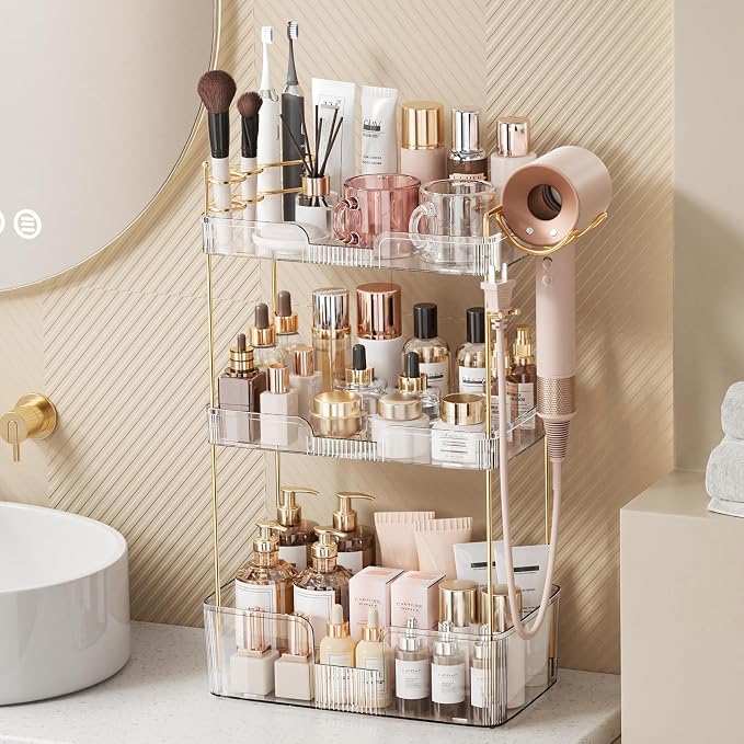 Bathroom Counter Organizer for Vanity, Makeup Organizer Countertop with Holder, Large Capacity Storage Rack, Perfect Large Skincare, Hair Care, Perfume, Easy to Install (Clear, 3Tiers)