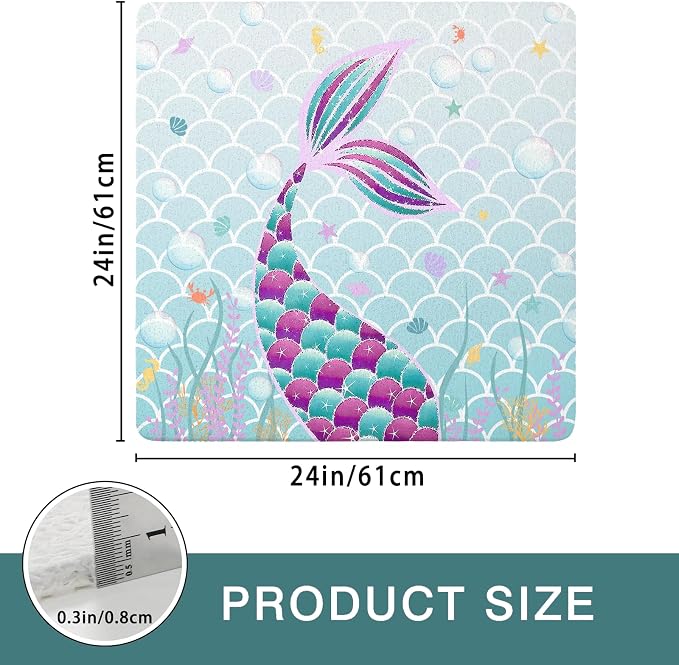 Square Shower Mats for Inside Shower, Mermaid Non Slip Bath Mat Quick Drying Bathmat Easy Cleaning Cute Shower Matt for Kids Bathroom Floor, Textured Surface Shower Foot Scrubber Mat, 24″X24″