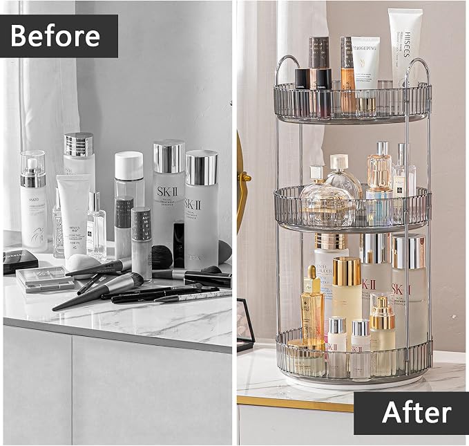 shuang qing Rotating Makeup Organizer for Vanity, Large Capacity Skincare Perfume Storage, Bathroom Counter Organizer, 360 Spinning Cosmetic Dresser Countertop Organizers (Gray, 3 Tier)