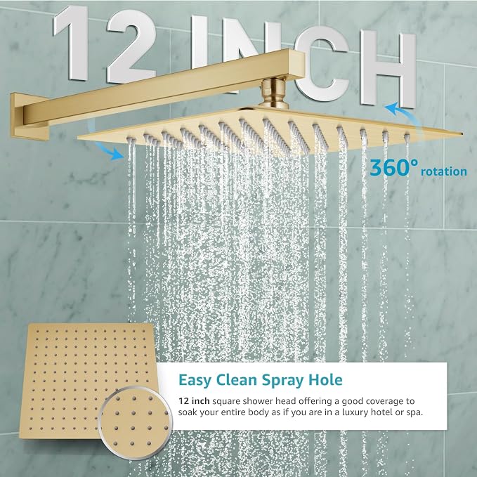 gotonovo Rainfall Bathroom Shower System Rain Shower Head and Handle Set Wall Mounted Shower Complete Combo Solid Brass Pressure Balancing Shower Mixer Valve 12 Inch Brushed Gold