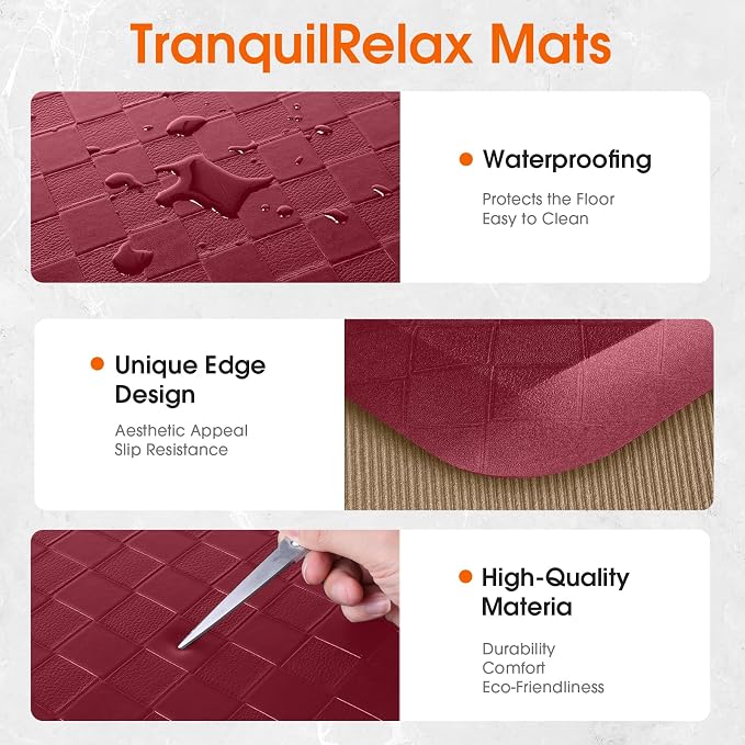 TranquilRelax 4/5 Inch Thick 2-Piece Anti-Fatigue Kitchen Mats, Cushioned Non-Slip Waterproof Sink & Stove Floor Mats, Comfortable Standing Rug Set for Kitchen, Laundry & Entryway, Red