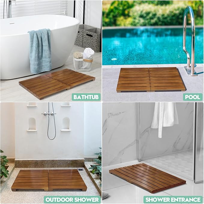 Teak Shower Mat - Foldable Wood Bath Mat, Floor Mat for Bathtub, Door, Spa, Sauna, Pool, Ideal for Indoor Outdoor