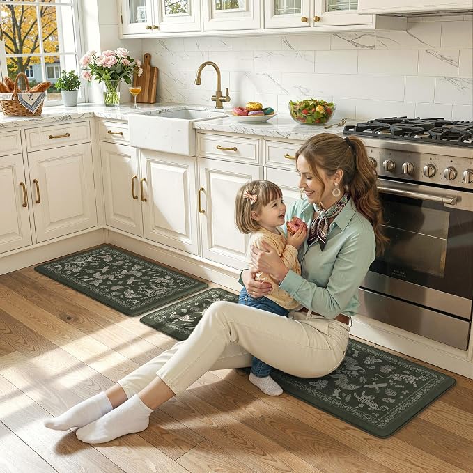 LEEVAN Anti Fatigue Mats for Kitchen Floor Non-Slip, Cushioned Kitchen Mats for Floor 2 Piece, Dark Green Memory Foam Kitchen Mat Set, Waterproof Ergonomic Standing Mat for Bar, Office,Desk, Laundry
