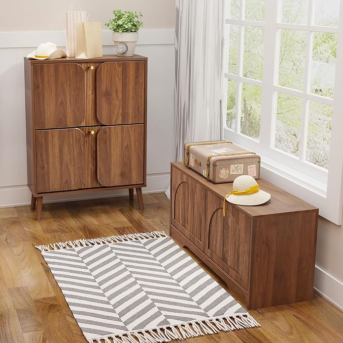 BERRYMERRY 39.4" Fluted Shoe Storage Bench for Entryway,2 Tier Shoe Cabinet Bench with Adjustable Shelf,Bench for Bedroom End of Bed (Walnut, 13.8”D x 39.4”W x 18.5”H)