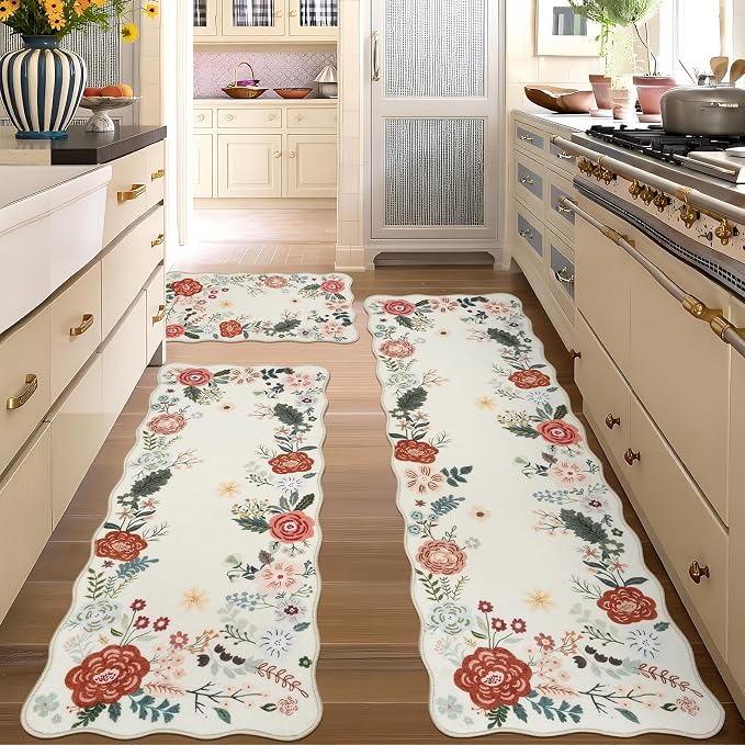 Homcomoda Floral Kitchen Rugs Mats for Floor 3PC, Farmhouse Non Slip Kitchen Rug Runner, Washable Non Skid Kitchen Rugs, Comfort Standing Mat for Laundry, Desk, Bar, Office, Beige