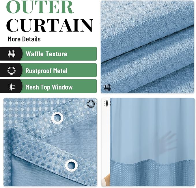 Dynamene 78 Inch Long Shower Curtain, Tall Waffle Fabric Shower Curtains for Bathroom, Hotel Waterproof Cloth Shower Curtain Liner Set with Hooks, Snap in Liner, Mesh Top Window, Moonlight Blue, 72x78