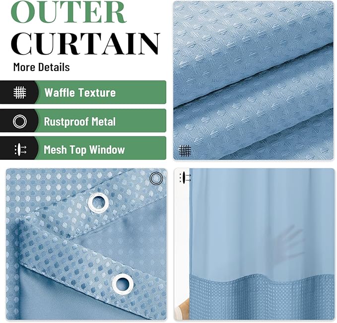 Dynamene Fabric Shower Curtain with Snap in Liner, Waffle Hotel Shower Curtains for Bathroom, Washable Waterproof Cloth Shower Curtain Liner Set with Hook, Mesh Top Window, 72x72, Moonlight Blue