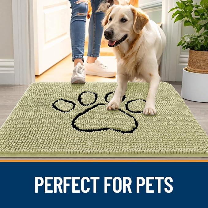 OLANLY Dog Door Mat for Muddy Paws 48x30, Paw Print Design, Absorbs Moisture and Dirt, Absorbent Non-Slip Washable Doormat, Quick Dry Chenille Mud Mat for Dogs, Entry Indoor Entryway Carpet, Vanilla
