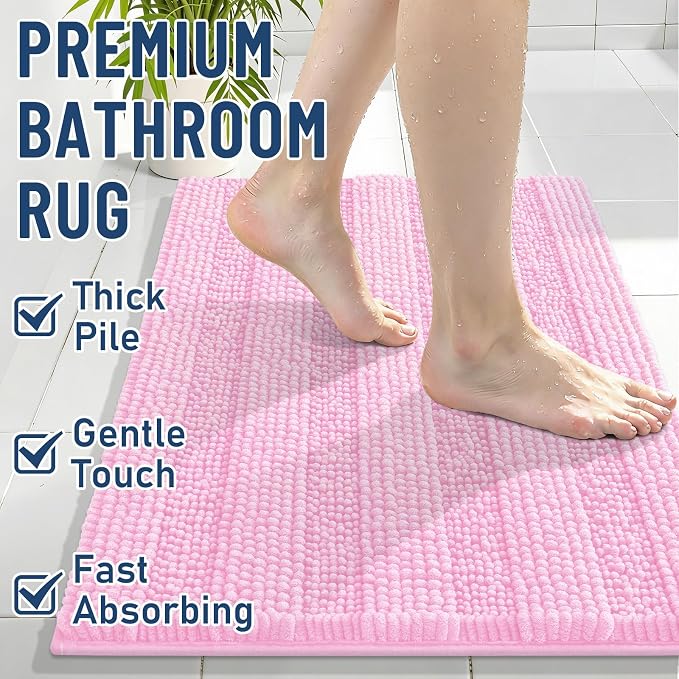 Grandaily Chenille Striped Bathroom Rugs 24x16, Extra Thick and Soft Absorbent Bath Mats, Rubber Backing, Plush Shaggy Shower Carpet, Machine Wash Dry, Bath Rug for Bathroom, Light Pink
