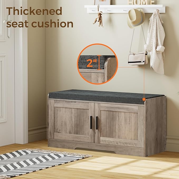 Homleke 2-Tier Storage Bench, Shoe Bench with Thickened Padded Seat Cushion, Entryway Bench with 2 Doors, Adjustable Shelf, 13.8" D x 37.4" W x 18.5" H, for Entryway, Living Room, Bedroom, Greige
