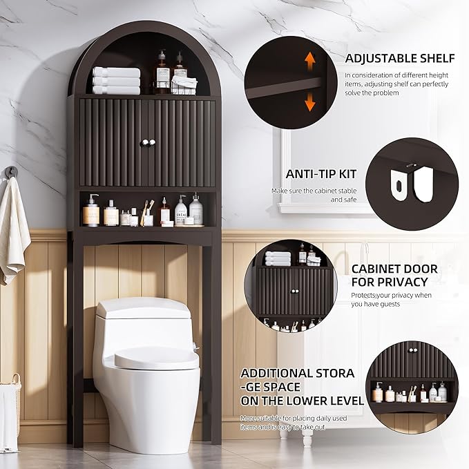 Spurgehom Over The Toilet Storage Cabinet, Bathroom Shelf Organizer Freestanding, Bathroom Arch Cabinet Over Toilet with Fluted Door and Anti-Tipping Device, Coffee