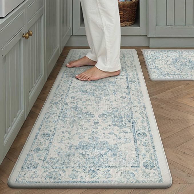 Anti Fatigue Kitchen Mats 2PCS Blue Neutral Mats for Cushioned Vintage Kitchen Matss for Floor Non-Slip Waterproof Comfort Standing Rug for Sink Laundry Office 17.3"×47"+17.3"×30"