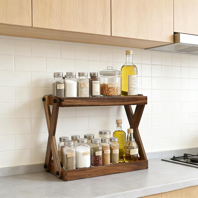Wood Countertop Organizer, 2 Tier Wooden Shelf for Coffee Bar Accessories, Kitchen Spice Rack Organizer, Condiment Storage Caddy for Home, Office, Bathroom
