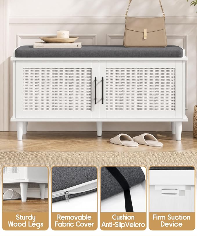 Akxomel Rattan Shoe Storage Bench with Cushion, 2-Tier Entryway Bench with Adjustable Shelves and 2 Doors, 15" D x 39.4" W x 20" H, Solid Wood Legs, for Hallway, Living Room, Bedroom, White