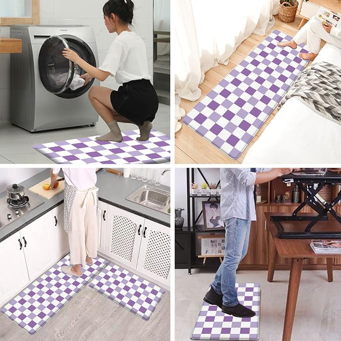 Bulijojo Purple Plaid Anti Fatigue Kitchen Floor Mats Set of 2 Waterproof Kitchen Sink Runner Rug Standing Mat Cushioned Kitchen Rugs Comfort Doormat 17"x47"+17" x30“