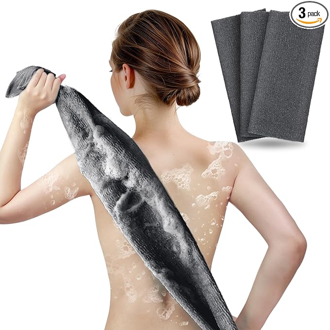 ARCH&M Exfoliating Washcloth, Japanese Bath Towel, Korean Exfoliation Scrub, Nylon Body Scrubber, Back Scrubber for Shower, Loofah Alternative - 3 Pack (Black x 3)