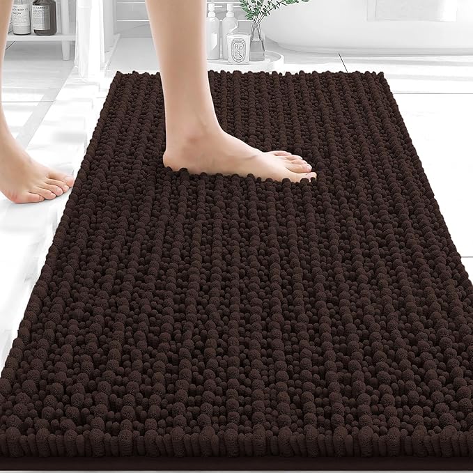 OLANLY Bathroom Rug Mat 34x21, Thick Soft and Absorbent Chenille Bath Mat, Non-Slip Rubber Backing, Machine Washable Quick Dry Bath Rugs for Tub Shower Floor, Home Decor Accessories, Brown