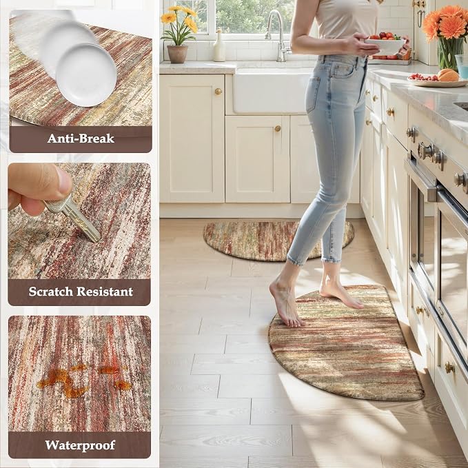 KIMODE Kitchen Mats Cushioned Anti Fatigue, Half Moon Abstract Kitchen Rugs Sets of 2, Farmhouse Padded Kitchen Floor Mats Non Slip, Ergonomic Standing Desk Mats for Sink Laundry Office Brown 18"x28"