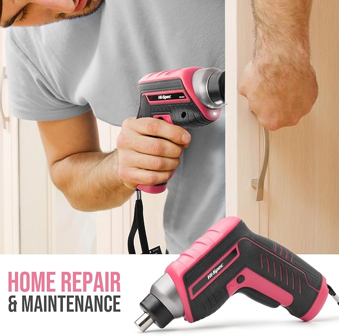 Hi-Spec 35-Piece Tool Kit with 3.6V USB Small Electric Screwdriver Set, Pink Drill Set for Women, Tool Kit for Home