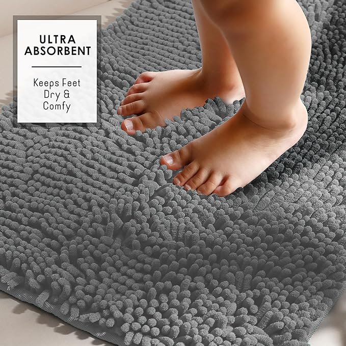 Hearth & Harbor Bathroom Rugs, Chenille Bath Mat - Machine Washable Bath Mats for Bathroom Non-Slip Backing Rubber, Quick Dry Bathroom Mat, 24 x 36 - Frost Grey