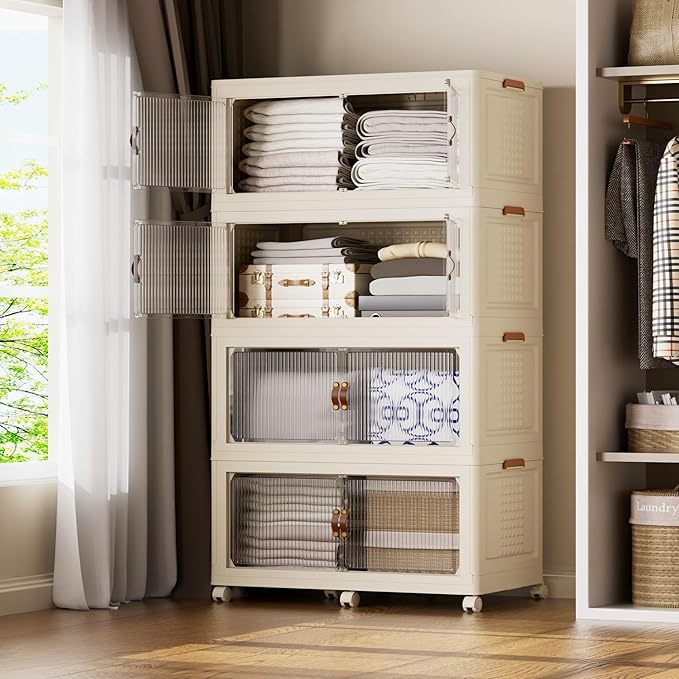 SAILUN 190Gal/760Qt Stackable Storage Bins Folding Collapsible Storage Bins with Lid, Closet Organizers and Storage Box with Door Cream 33.5" W x 19" D x 69" H