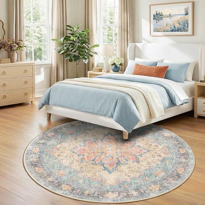 RELEANY Area Rugs Round 7ft Washable Non-Slip, Floral Vintage Distress Medallion Carpet for Living Room Bedroom Dining Room, Blue Orange Red