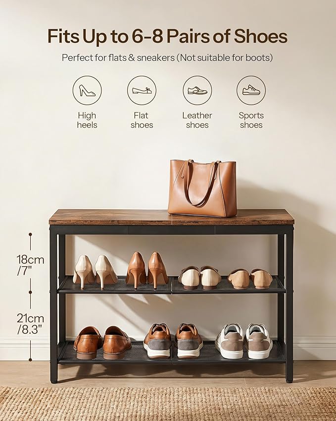 HOOBRO Shoe Bench, 3-Tier Shoe Rack, Industrial Shoe Organizer Storage Bench, 29.5 inches Entry Bench with Mesh Shelves, for Entryway, Living Room, Hallway, Easy Assembly, Rustic Brown BF75HX01