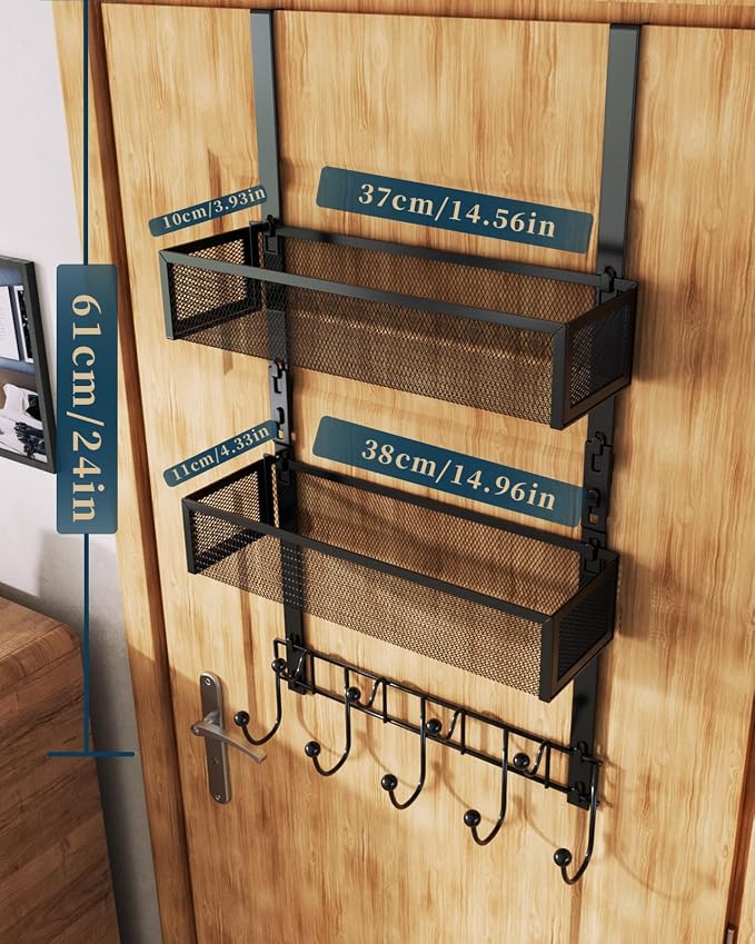 Consumest Over The Door Hooks Organizer - 3 Tier Door Hanger with 9 Coat Hooks & 2 Mesh Basket, Back Storage Organizer Hanging Towels for Bathroom, Bedroom, Black