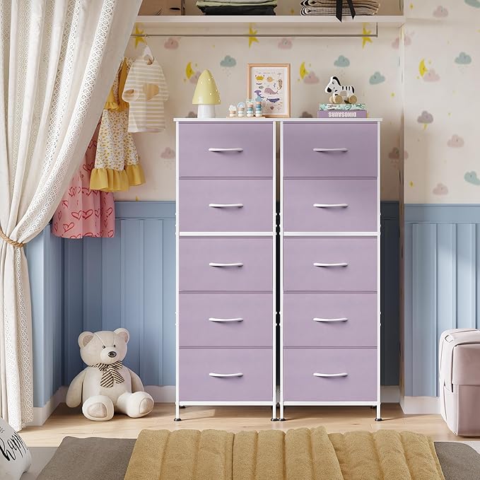 WLIVE Fabric Dresser, 5-Drawer Tall Dressers for Bedroom, Storage Dresser Organizer with Fabric Bins, Wood Top, Sturdy Steel Frame, Chest of Drawers for Closet, Hallway, Purple