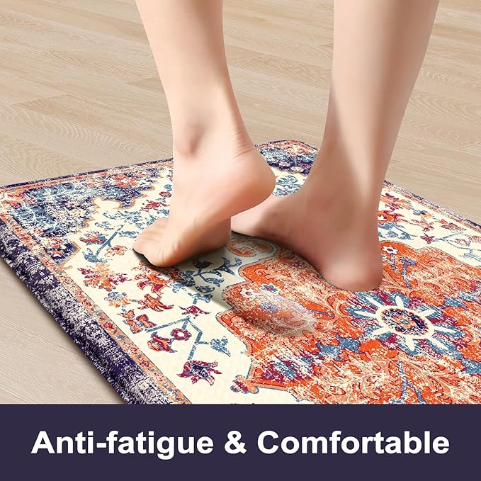 KIMODE Anti Fatigue Kitchen Mat, Boho Vintage Kitchen Rugs Sets of 2, Cushioned Non-Slip Kitchen Mats for Floor, Comfort Kitchen Floor Mats for Sink, Laundry, Desk Orange/Purple,17"x47"+17"x29"