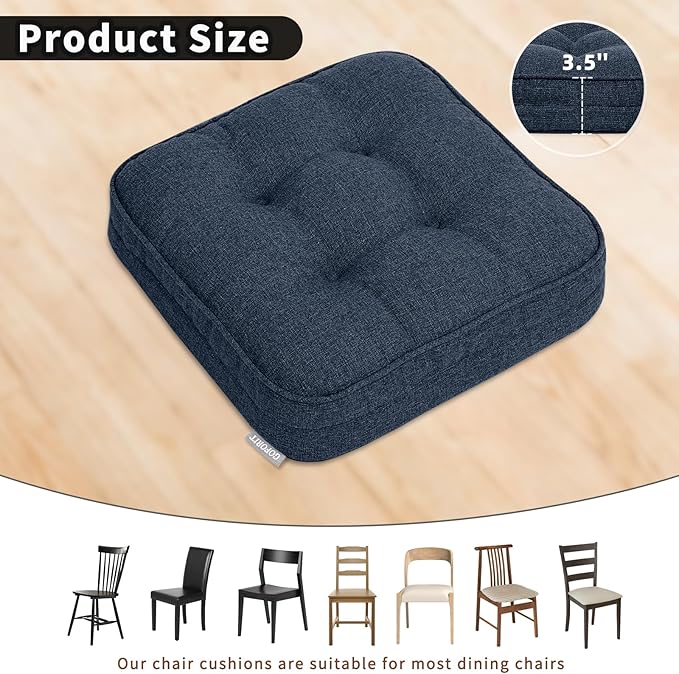 GOFORIT Memory Foam Cushion，Square Seat Cushions for Dining Chairs,Non-Slip Chair Pads with Removable Cover, 16'' x 16'', 4 Pack,Dark Blue