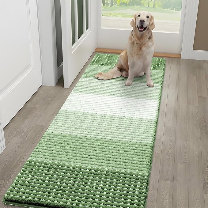 Kitinjoy Indoor Outdoor Door Mat, 59x20 Non-Slip Absorbent Dirt Trapper, Low-Profile Washable Inside Entrance Front Floor Mat, Sturdy Soft Entry Dotted Ombre Doormats for Entryway, Sage Green