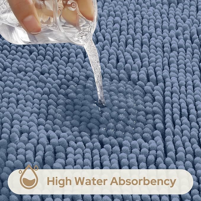 HOMEIDEAS 3 Pieces Bathroom Rugs, Ultra Soft Non Slip Absorbent Chenille Toilet Bath Mat Set (Grey Blue)