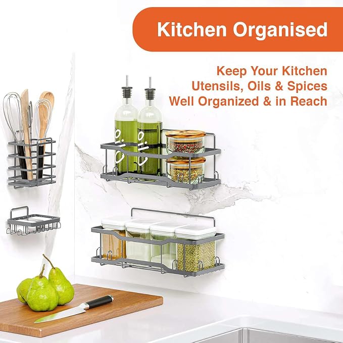 Shower Caddy Bathroom Shelves, The Athena Silken 4 Set, 40LB Capacity, Adhesive Tape No Drill - Rustproof -Gorgeous Powder Coated 304 Stainless Steel Shower Organizer for kitchen & Home Decor - Silver