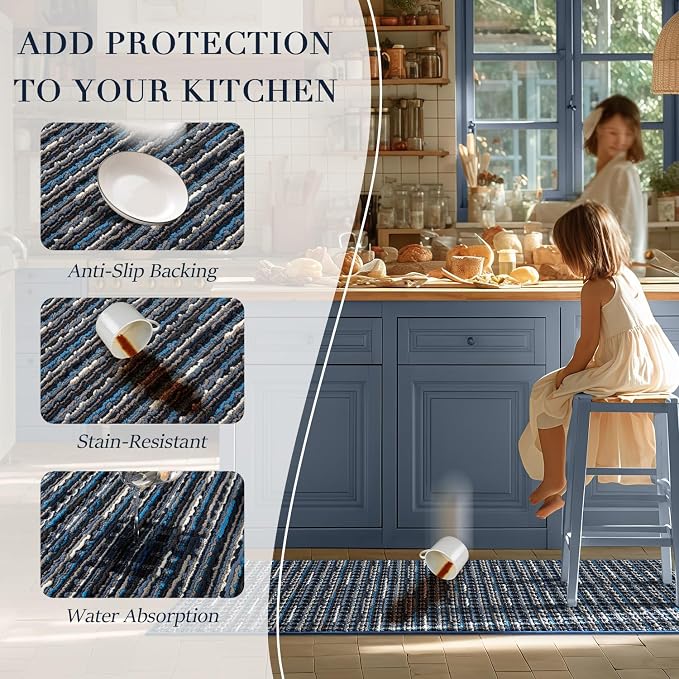 Kitchen Rugs Sets of 2-Non Slip Kitchen Mats for Floor-Thick Stain Resistant Vintage Kitchen Floor Mat Runner Carpet for Hallways Entryway Laundry Room Washable（Navy Blue 22"x59"+24"x35"）