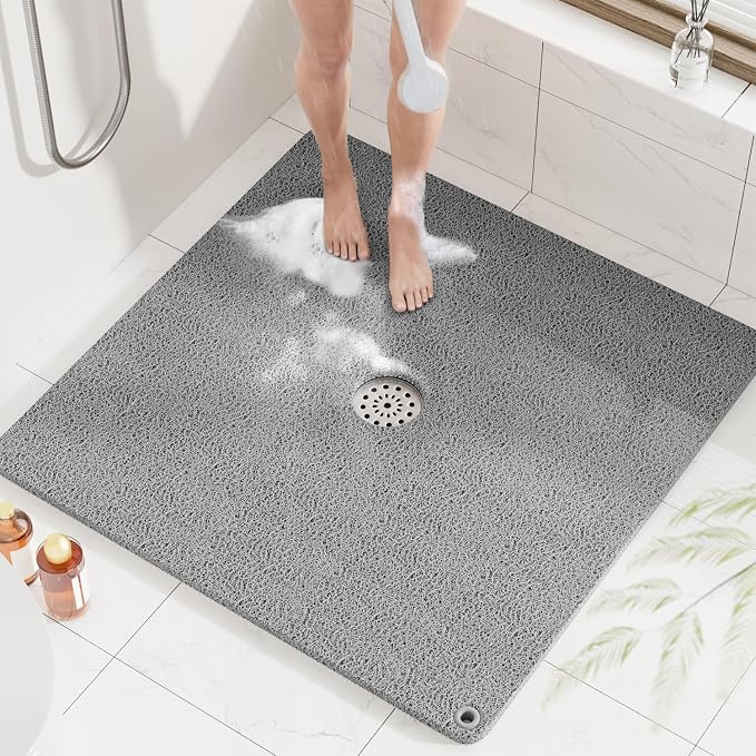HITSLAM Shower Mat, 32x32 Inch Square Non Slip Bathtub Mat, Soft PVC Loofah Bath Mat for Tub with Hanging Holes, Quick Drying Shower Floor Mat, Without Suction Cups, Grey