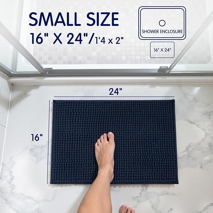 SUBRTEX Bathroom Rugs Chenille Bath Rug Soft Short Plush Bath Mat Soft Shower Mat Water Absorbent Shower Mat Quick Dry Machine Washable(Navy,18" x 24")