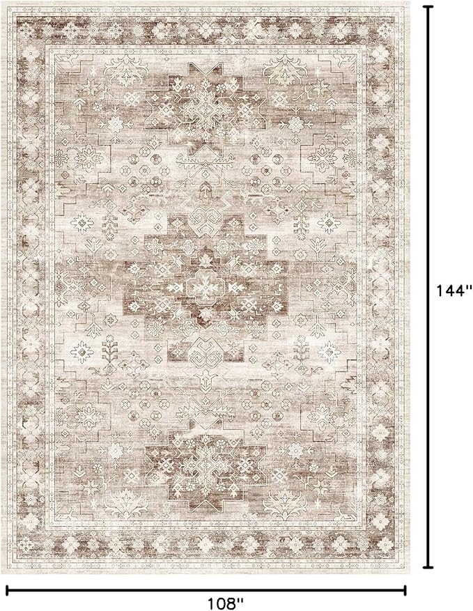 Washable Farmhouse Living Room Rug, 9x12 Area Rugs for Bedroom, Dining Room Under Table Carpet, Kids Room, Large Boho Vintage Non-Slip Floral Rugs Low Pile Stain Resistant (9x12 Beige/Latte)