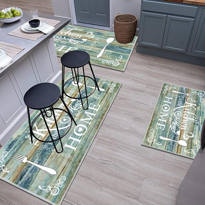 Vaukki Boho Kitchen Rug Sets 3 Pieces, Washable Kitchen Mats for Floor, Non Slip Soft Kitchen Area Rug Floor Mat for Kitchen, Laundry Room and Hallway (Teal and Brown, 20''x32''+20''x47''+20''x59'')
