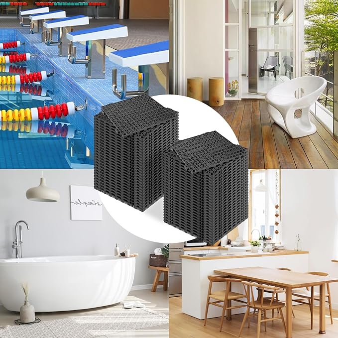 ToLanbbt Modular Interlocking Cushion 55P 11.8" x 11.8" Interlocking Rubber Floor Drain Holes Non-Slip Splicing Drainage Mats for Deck, Shower, Kitchen, Drain Pool, Sauna Bath, Indoor Outdoor (Black)