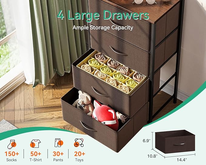 AODK Dresser for Bedroom with 4 Storage Drawers, Small Dressers Chest of Drawers Fabric Dressers with Sturdy Steel Frame, Dresser for Closet with Wood Top, Brown