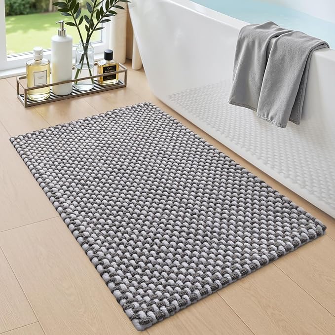 DEXI Bathroom Rugs 24x16, Non Slip Washable Bath Mat, Absorbent Chenille Bathmat, Ultra Soft Thick Carpet for Tub Shower Floor, Grey and White