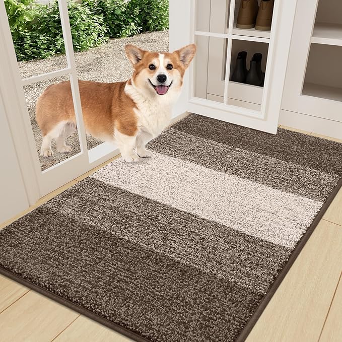 Smiry Dog Door Mat for Muddy Paws, Absorbs Moisture and Dirt, Low-Profile Entryway Mat with Non-Slip Backing, Entry Indoor Outdoor Doormat for Inside Floor (36x24 Inches, Light Brown, Striped)